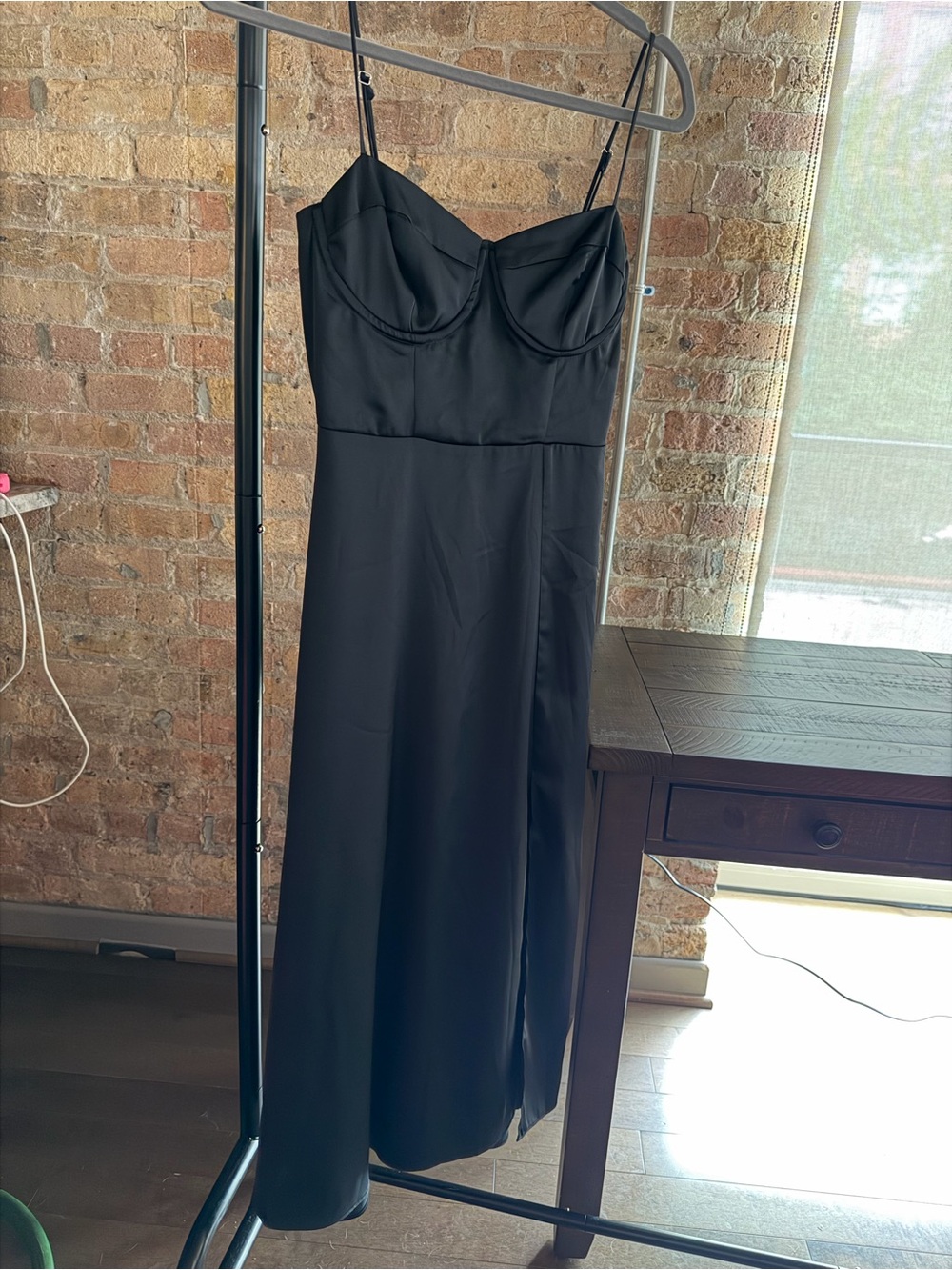 Astr the Label Black Satin Slip Midi Dress with Spaghetti Straps and front slit
